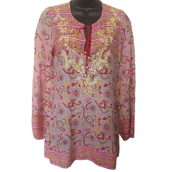 Lucky Brand Boho Embroidered Tunic Top Pink Paisley Long Sleeve XS Cotton India - Picture 2 of 5